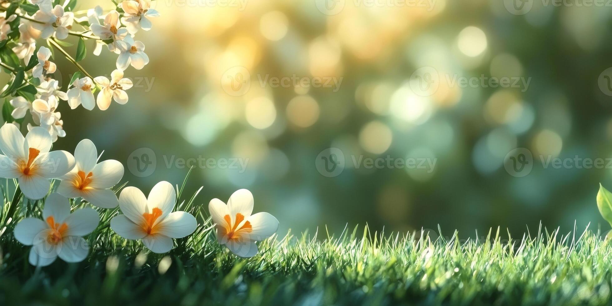 Beautiful white spring flowers blooming in green grass at sunset photo