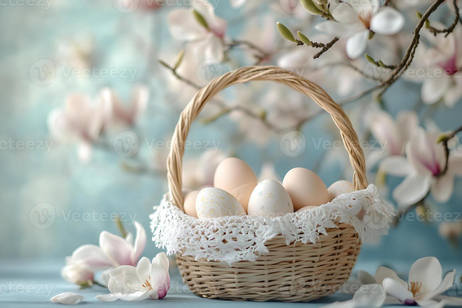 Easter eggs in a wicker basket and magnolia flowers creating a beautiful spring atmosphere photo