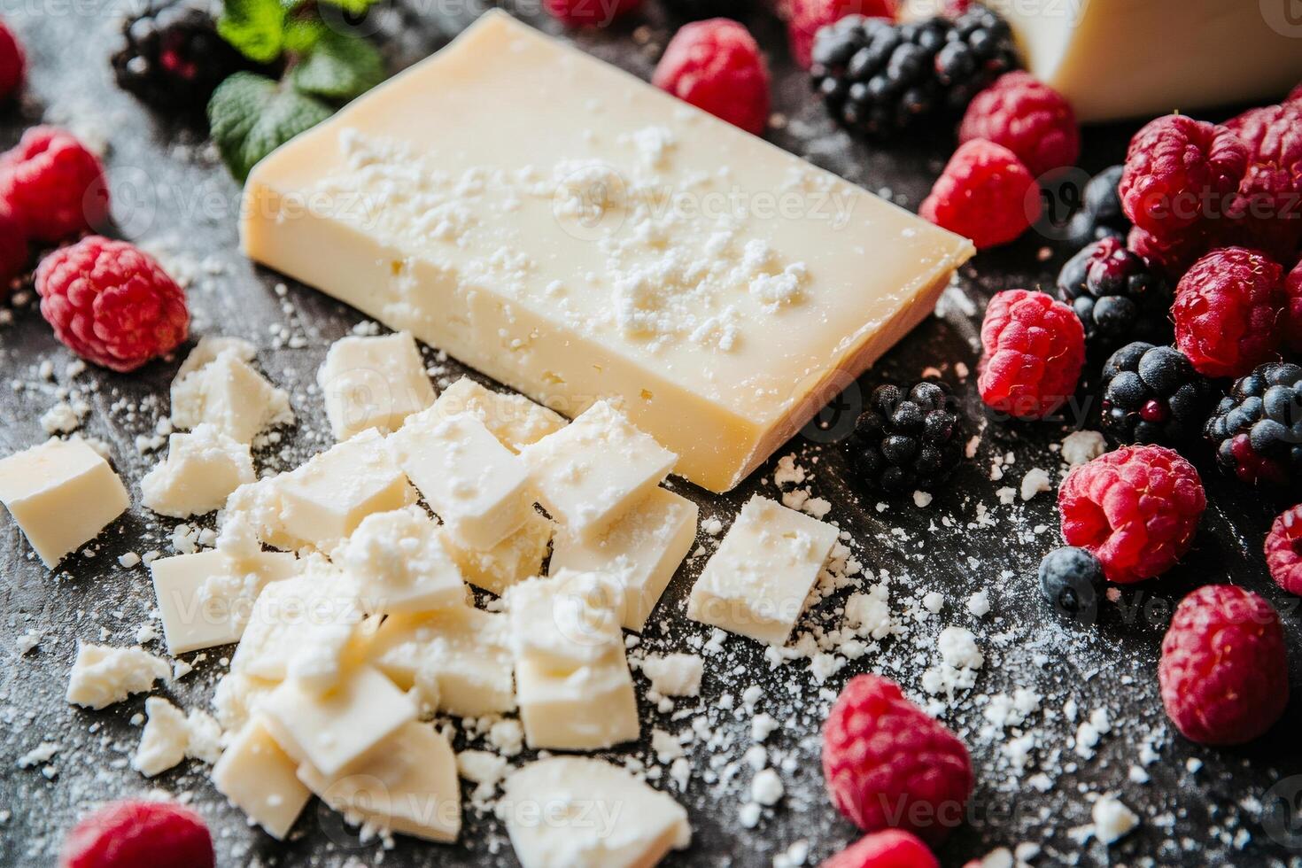 White chocolate chunks and block with fresh raspberries and blackberries on dark background photo