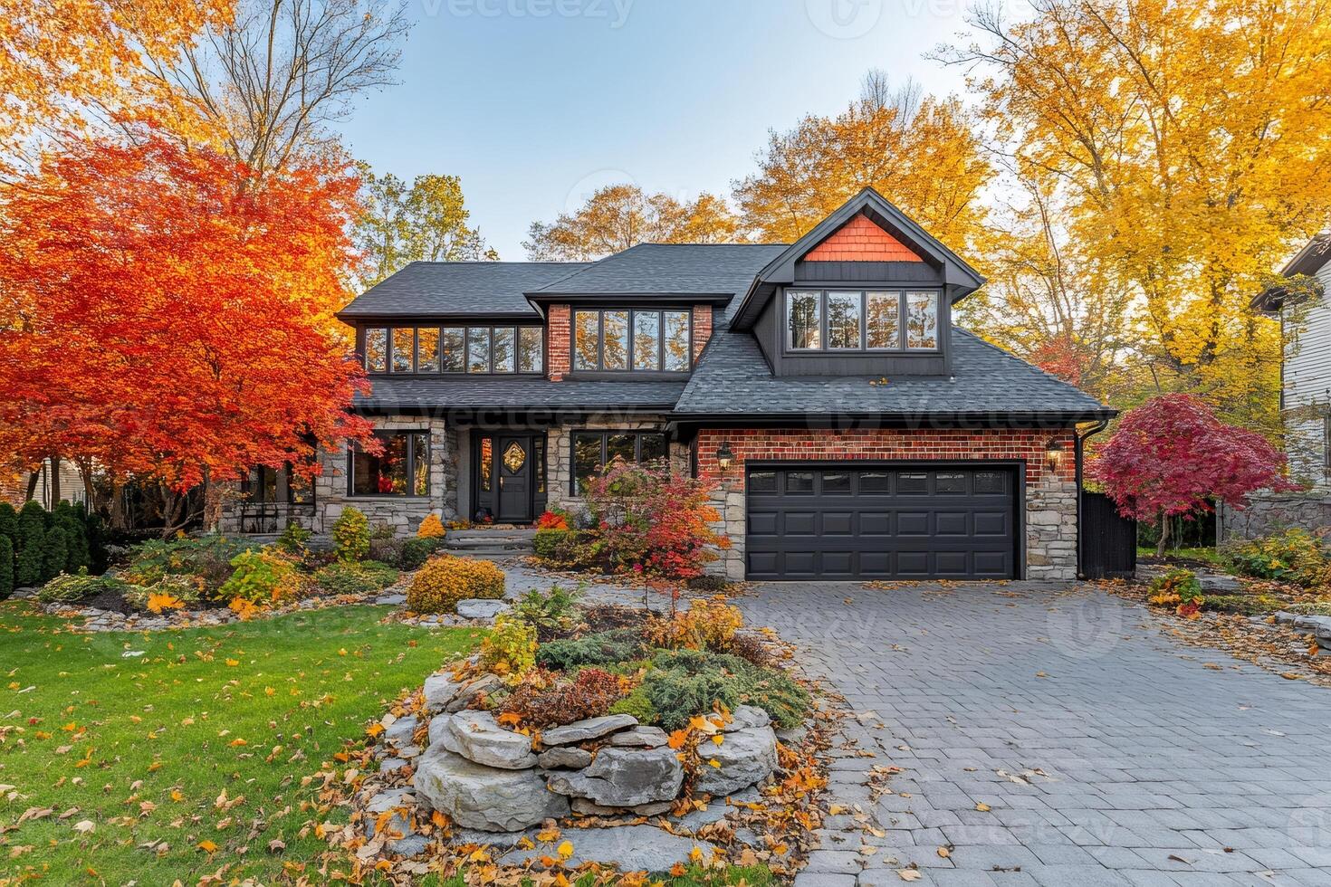 Beautiful suburban house with fall foliage and landscaped garden photo