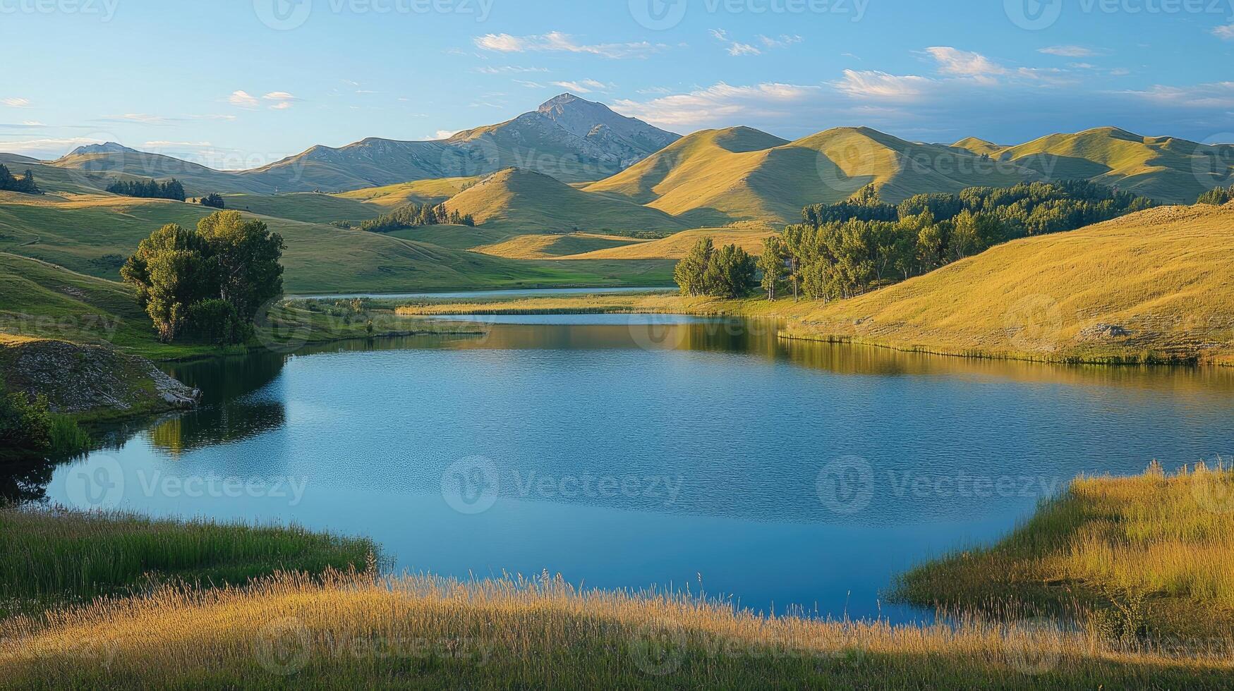Tranquil lake reflecting rolling hills and majestic mountain peaks at sunset photo