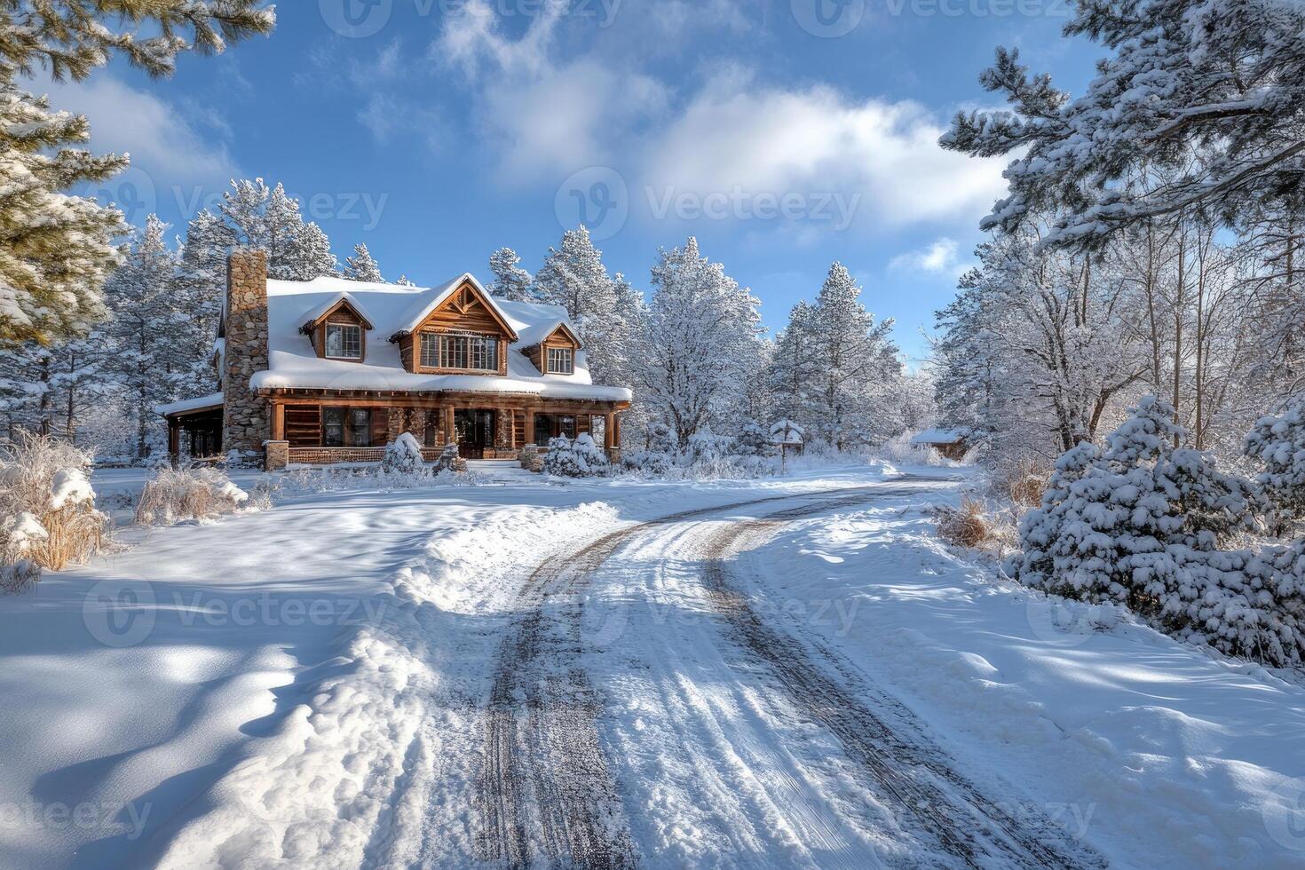 Log cabin covered in snow on sunny winter day photo