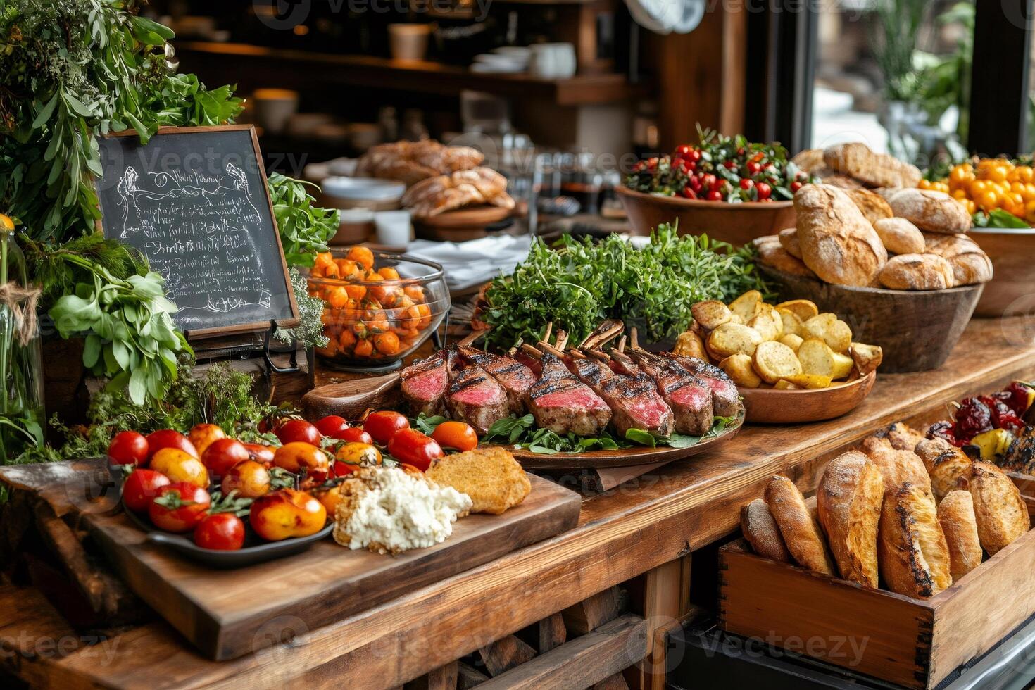 Buffet table displaying grilled lamb chops, bread, and vegetables photo