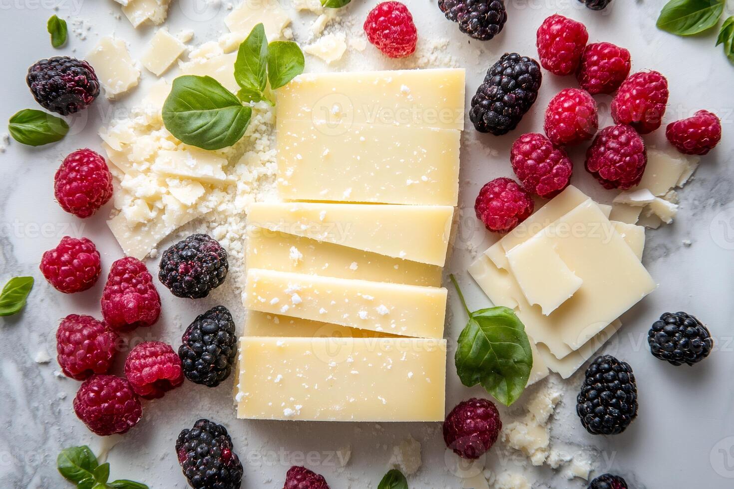 Sliced cheese with raspberries and blackberries on marble surface photo