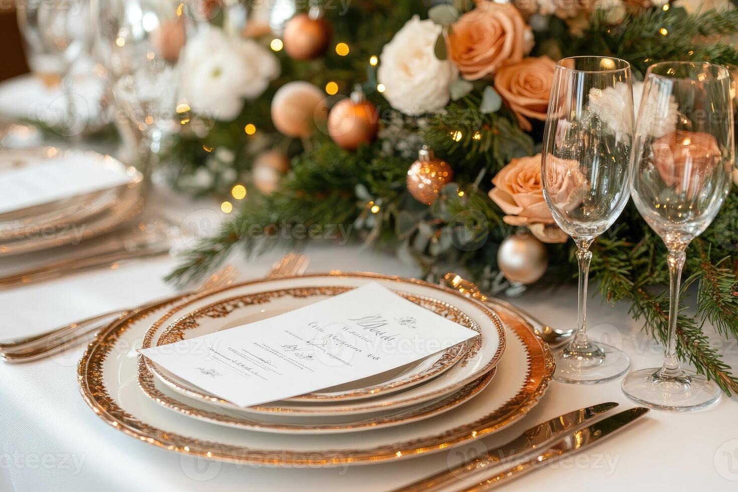 Elegant christmas table setting decorated with garland and menu photo