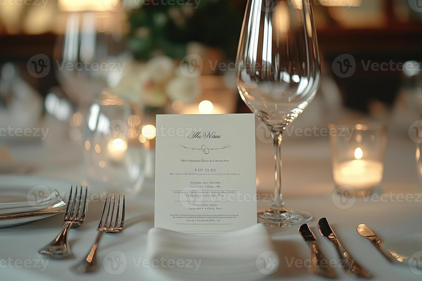 Elegant restaurant table setting menu displayed, waiting for guests to arrive photo