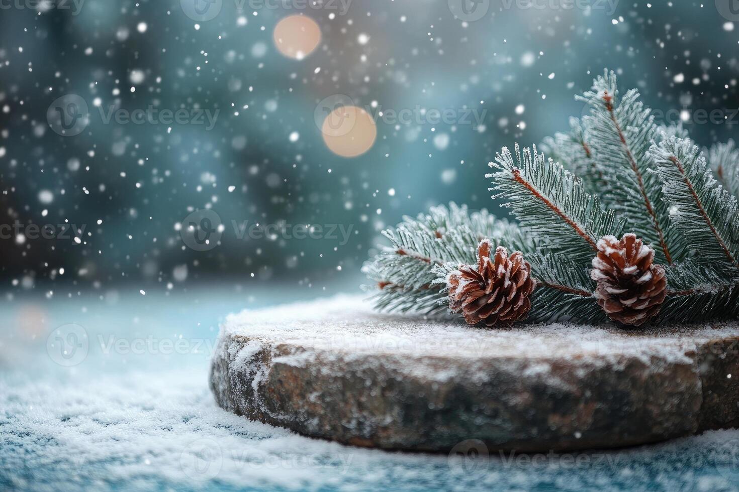 Snow falling on pine tree branch and pine cones on stone surface during christmas season photo