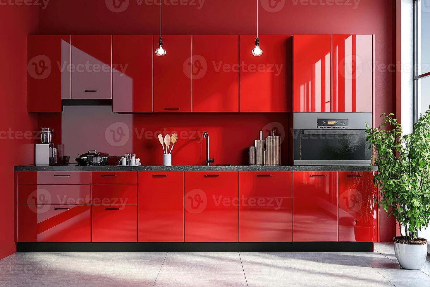 Modern red kitchen interior with retro fridge and table setting photo