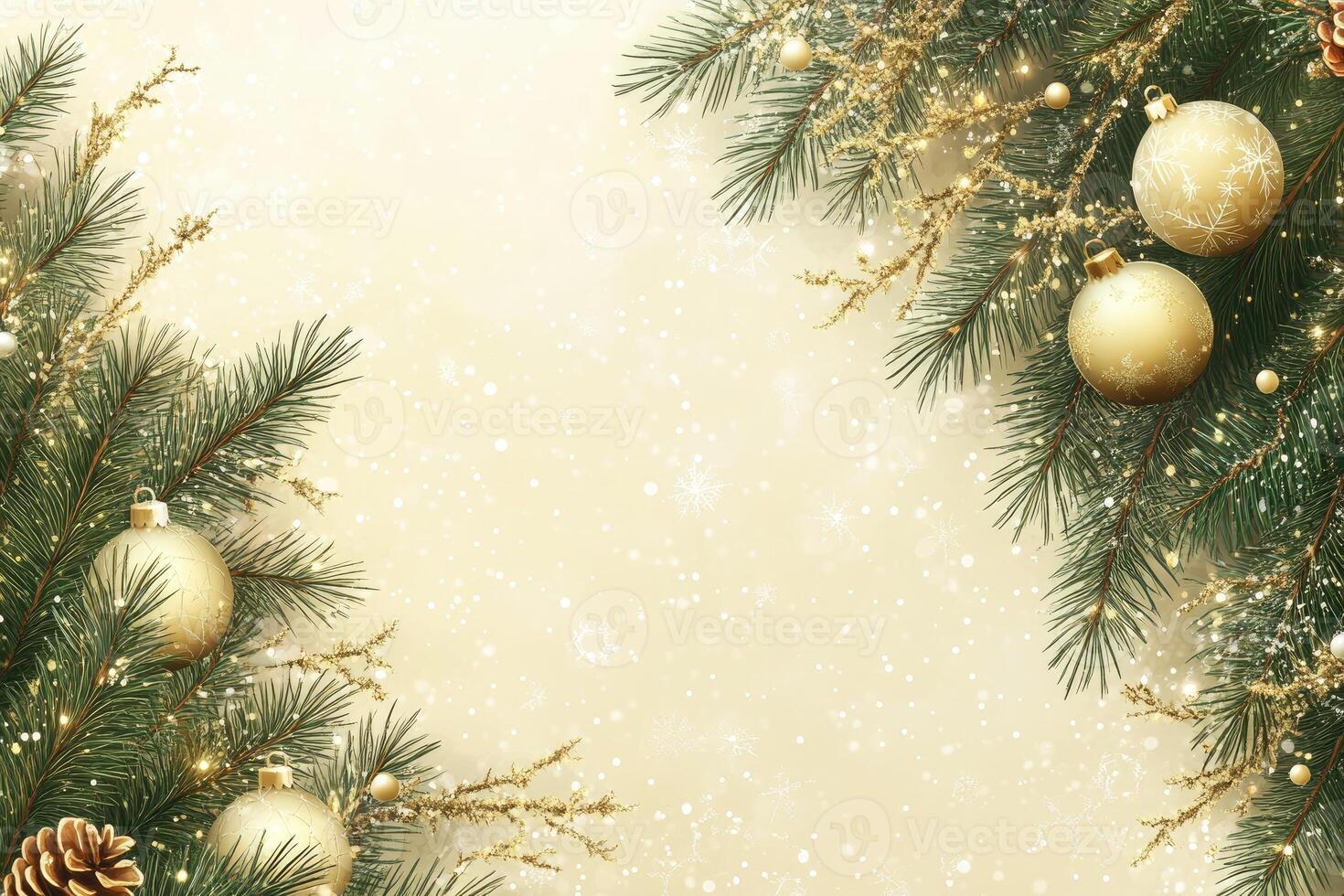 Christmas background with fir branches, golden ornaments and falling snowflakes creating a festive atmosphere photo