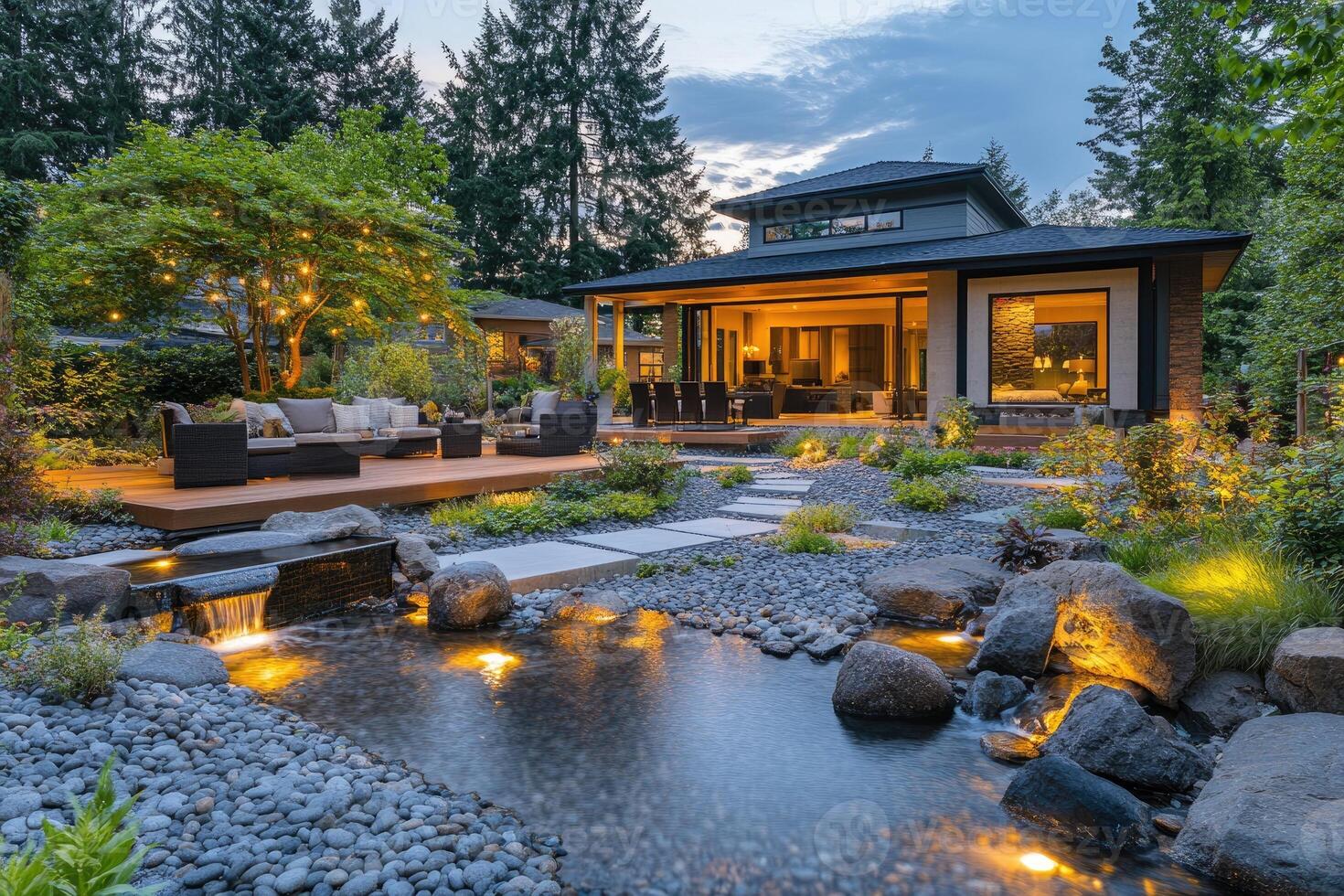 Modern house with illuminated garden featuring a small stream flowing through rocks and pebbles photo