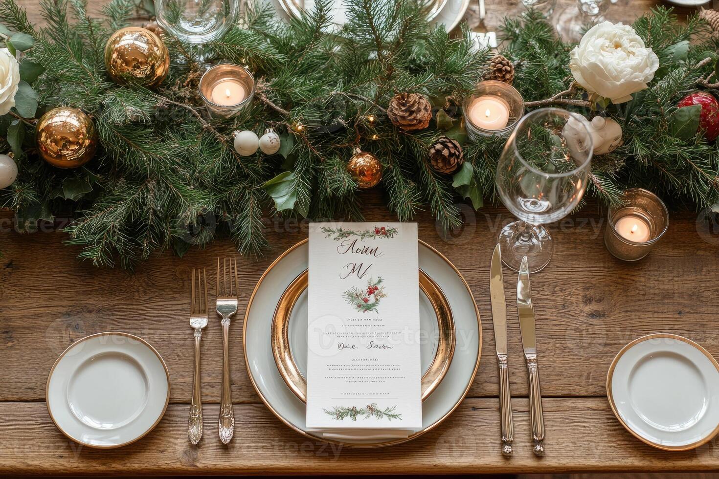 Elegant christmas table setting decorated with garland and menu photo
