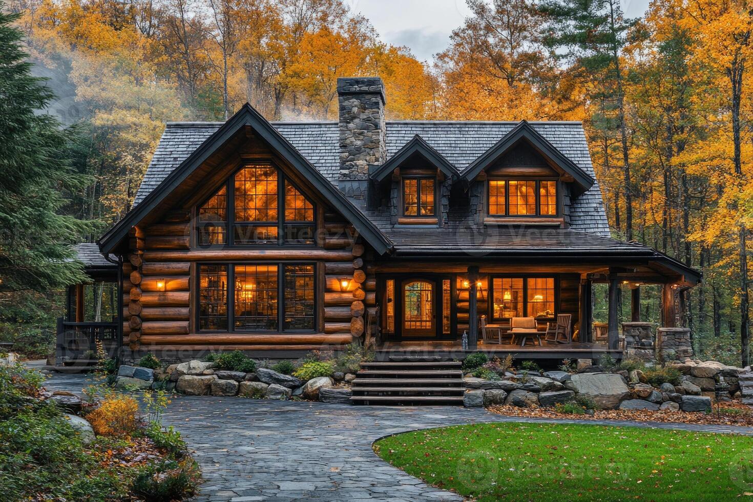 Cozy log cabin nestled in autumn woods at twilight, inviting and warm photo