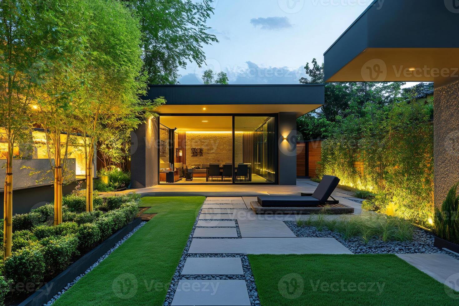 Modern house with illuminated garden showing a beautiful design at sunset photo