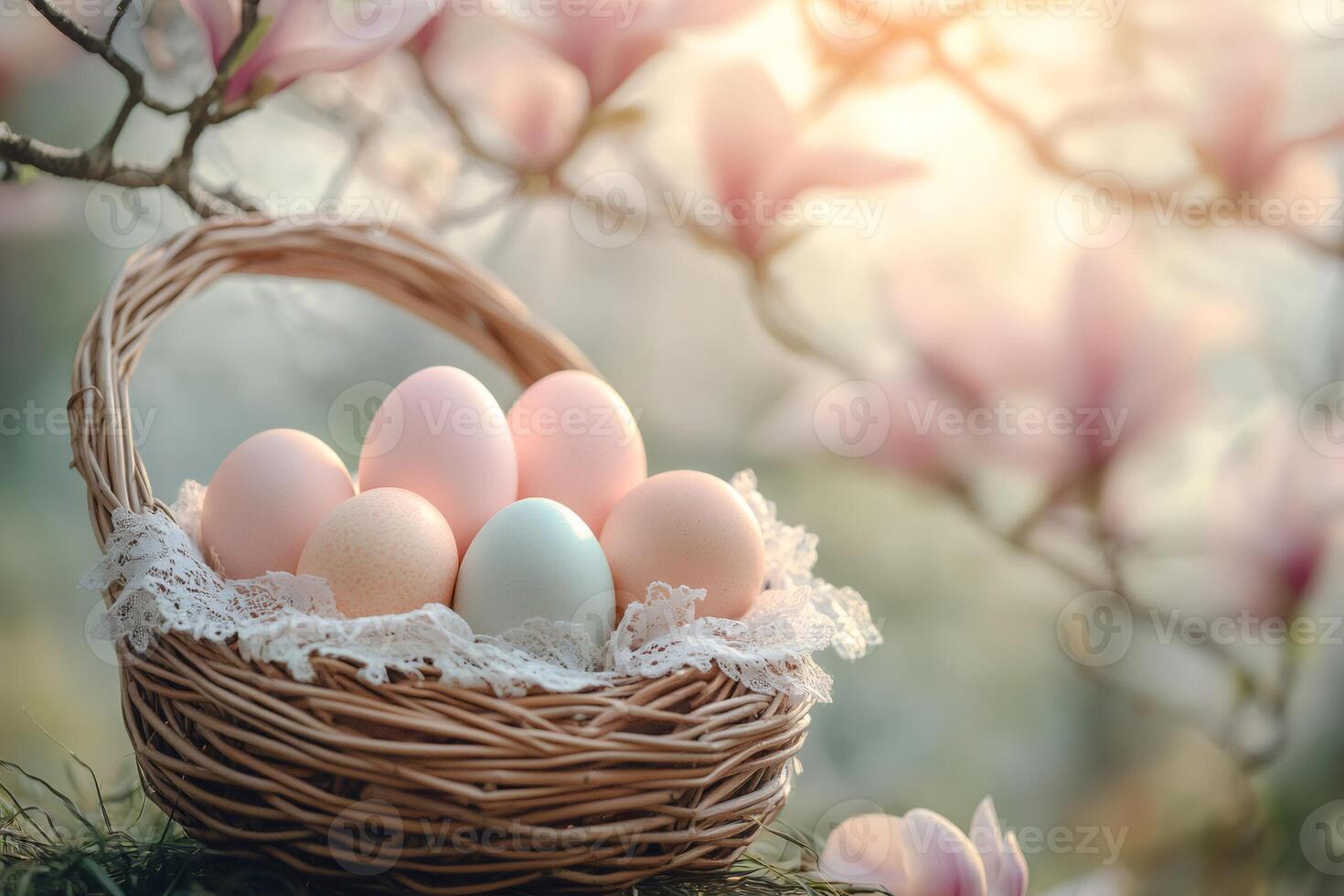 Easter eggs in basket under blooming magnolia tree at sunset photo