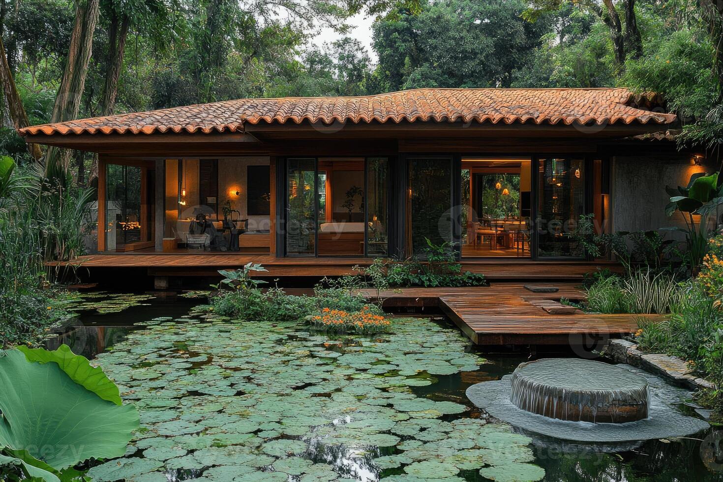 Modern wooden house with pond and water lilies surrounded by lush vegetation photo