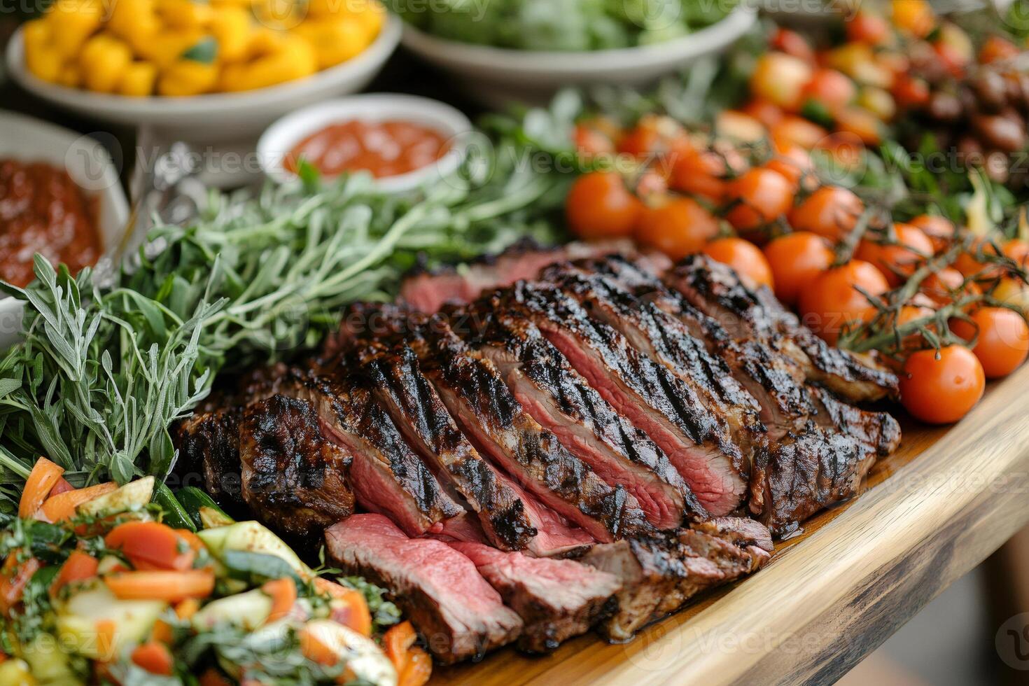 Sliced grilled beef tenderloin with cherry tomatoes and rosemary on wooden platter photo