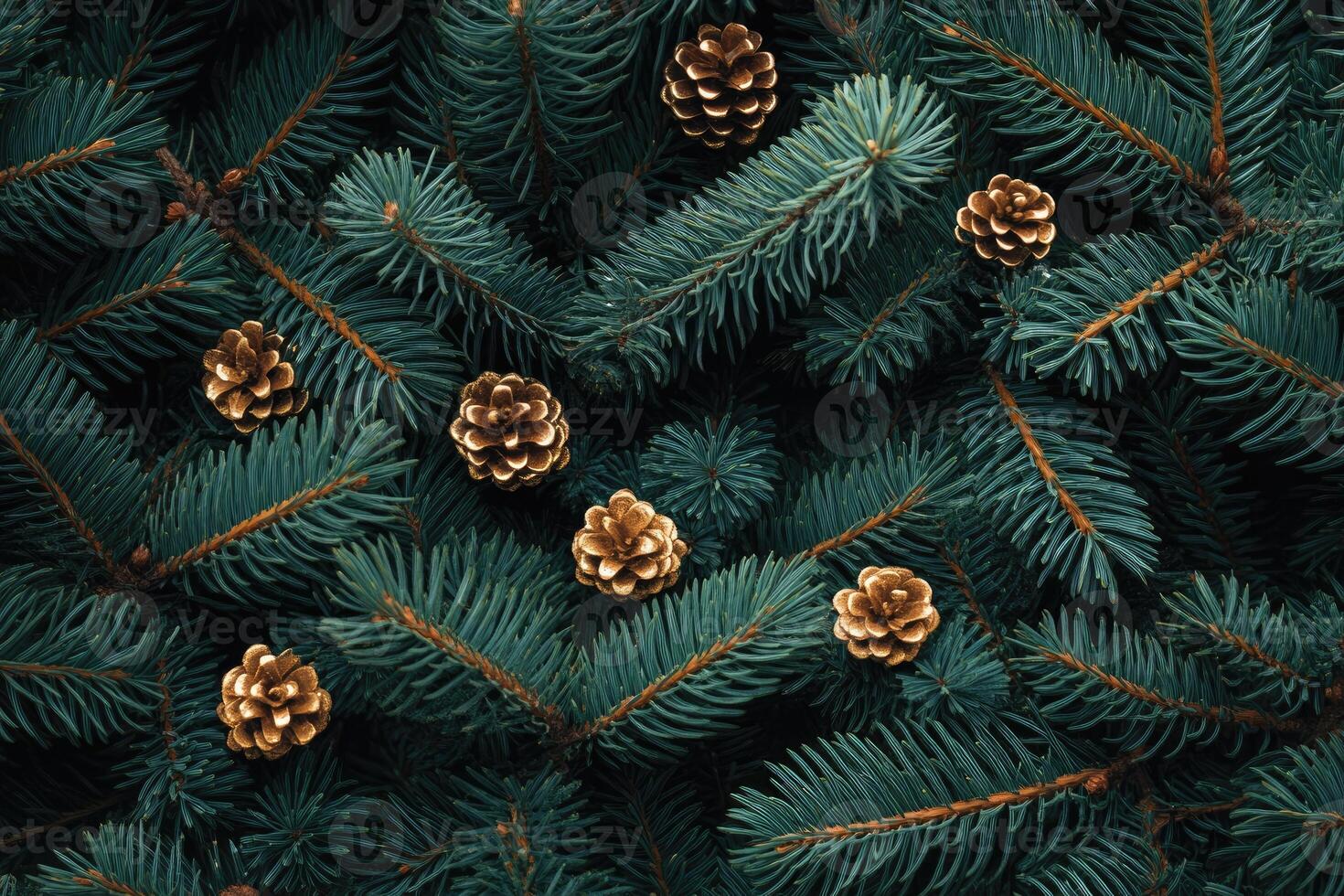 Christmas background with golden pine cones and green fir branches creating festive atmosphere photo