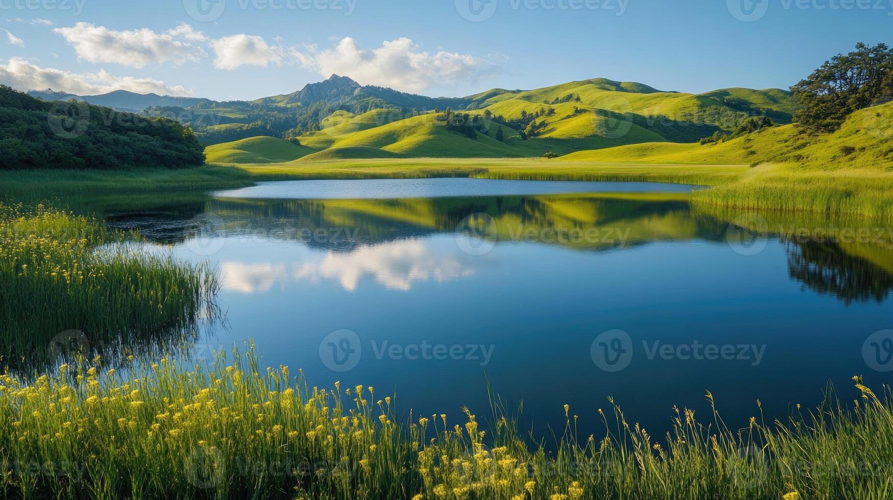 Calm lake reflecting green hills and cloudy sky in summer photo