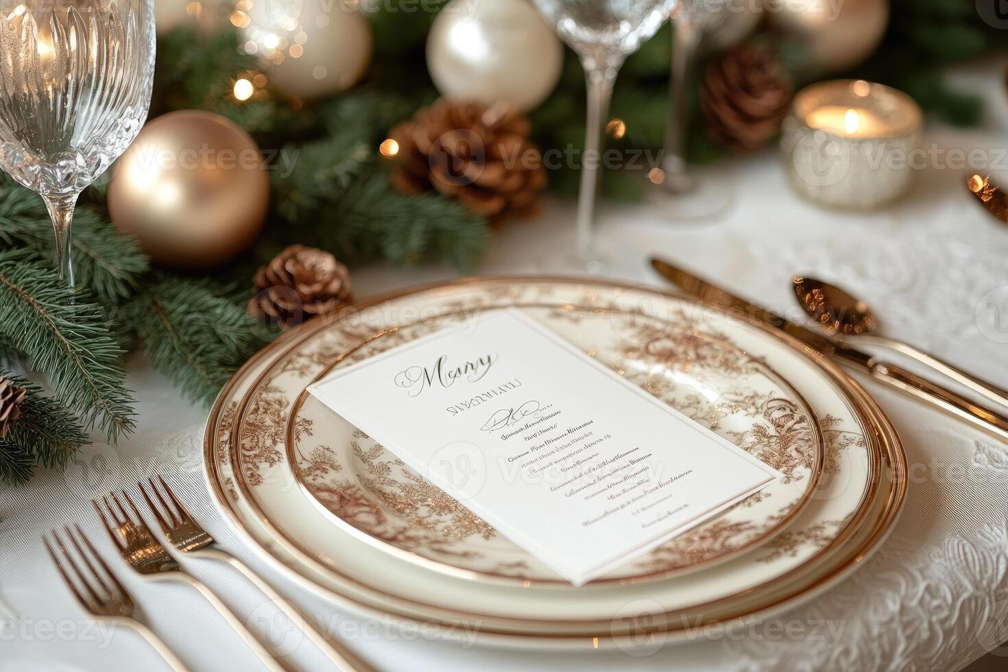 Elegant christmas table setting decorated with garland and menu photo