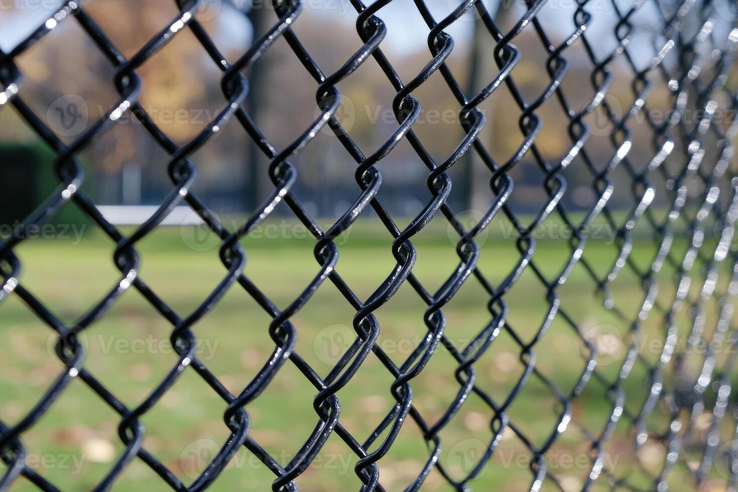 Chain link fence protecting green park area during sunny day photo