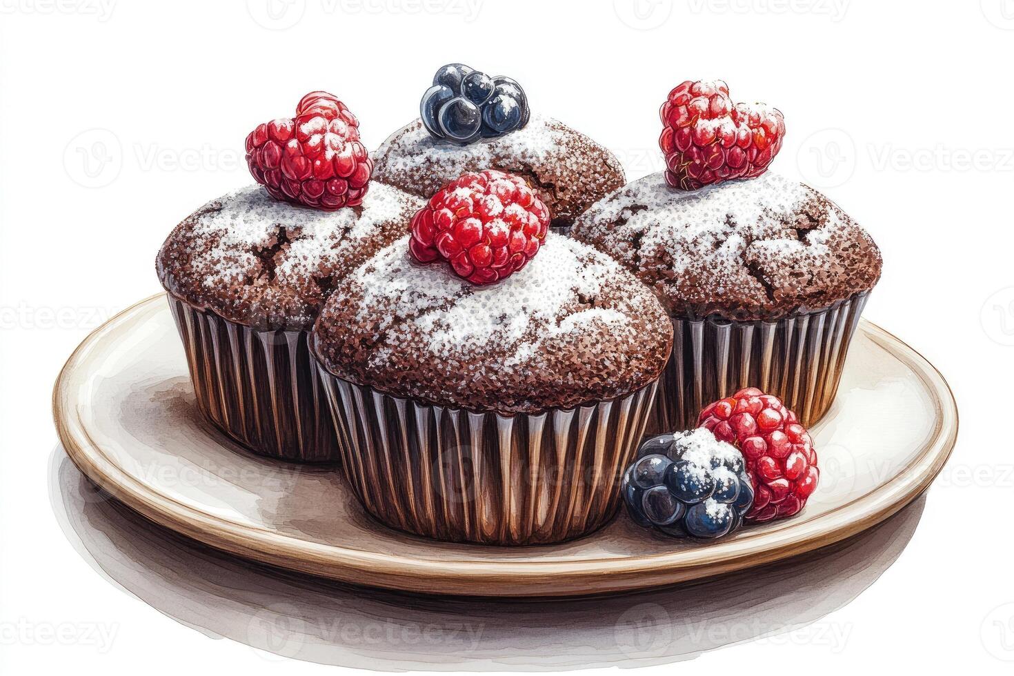 Delicious chocolate muffins with raspberries and blackberries topping and powdered sugar on a plate photo