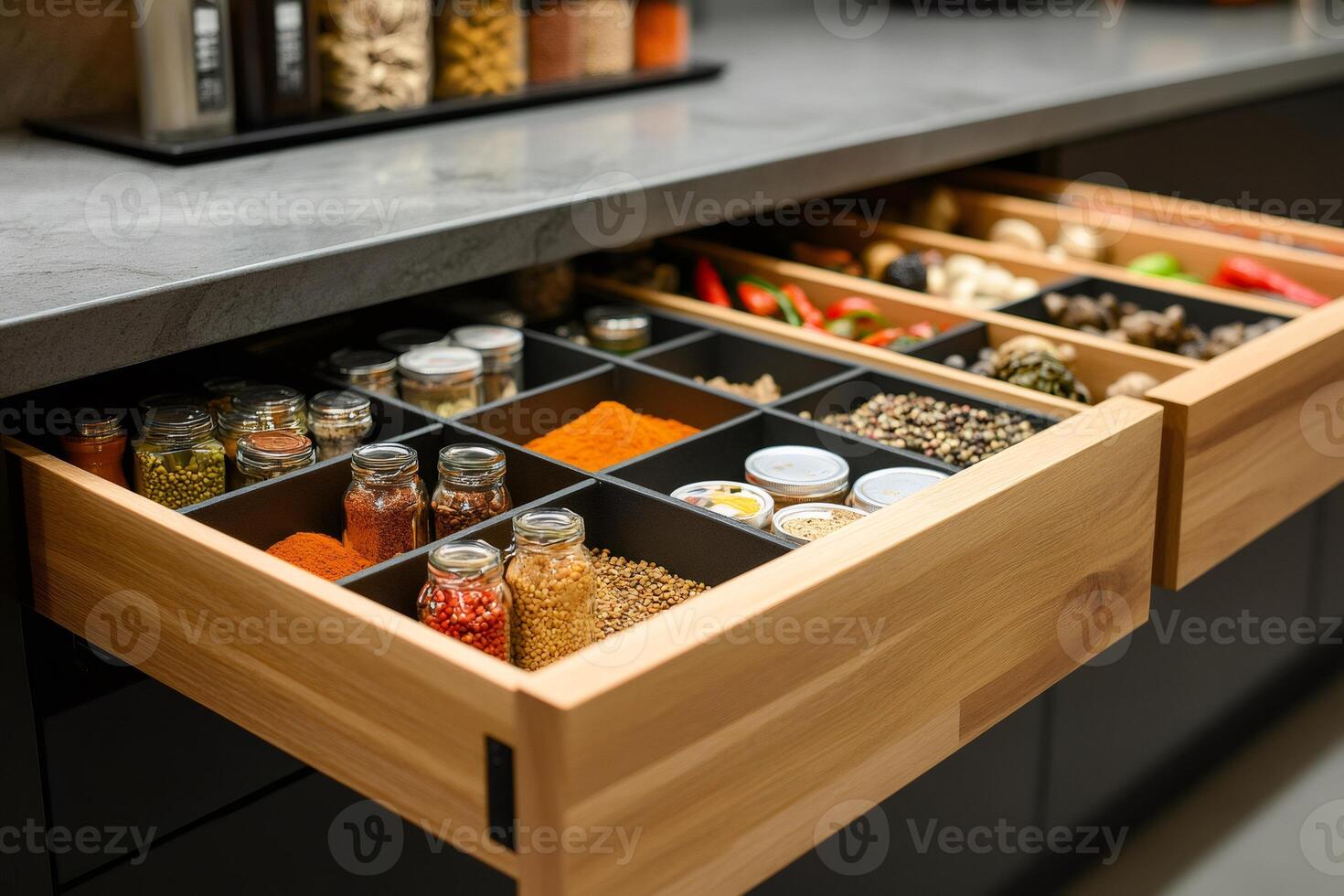 Modern kitchen storage solution showing open drawers with various spices and herbs photo