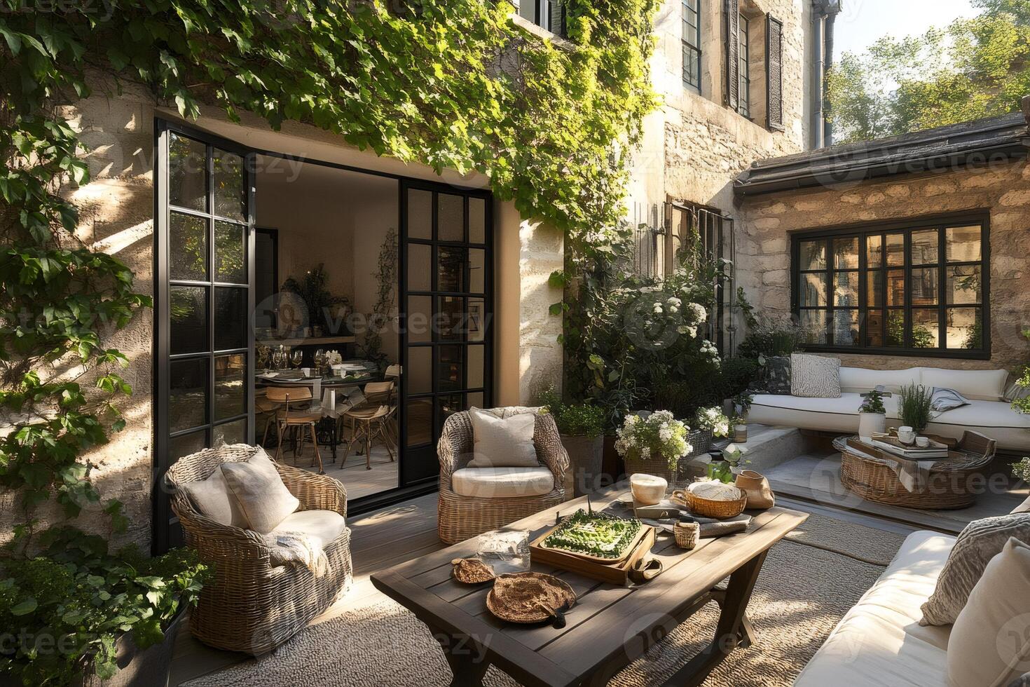 Charming patio with open doors inviting to relaxing dining room in stone house photo
