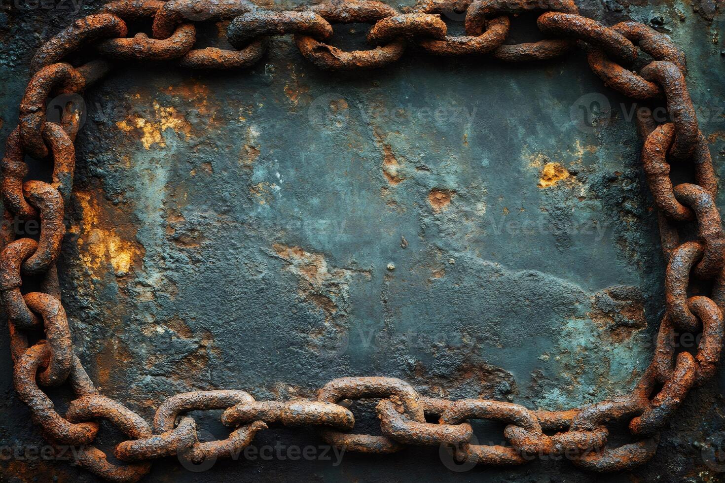 Rusty chain framing old weathered metallic background photo