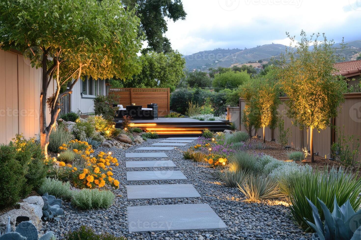 Modern backyard garden with stone pathway and vibrant landscaping photo