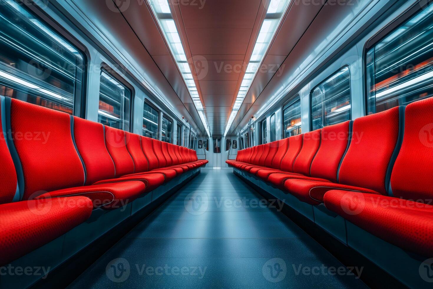Empty modern subway car with red seats waiting for passengers photo