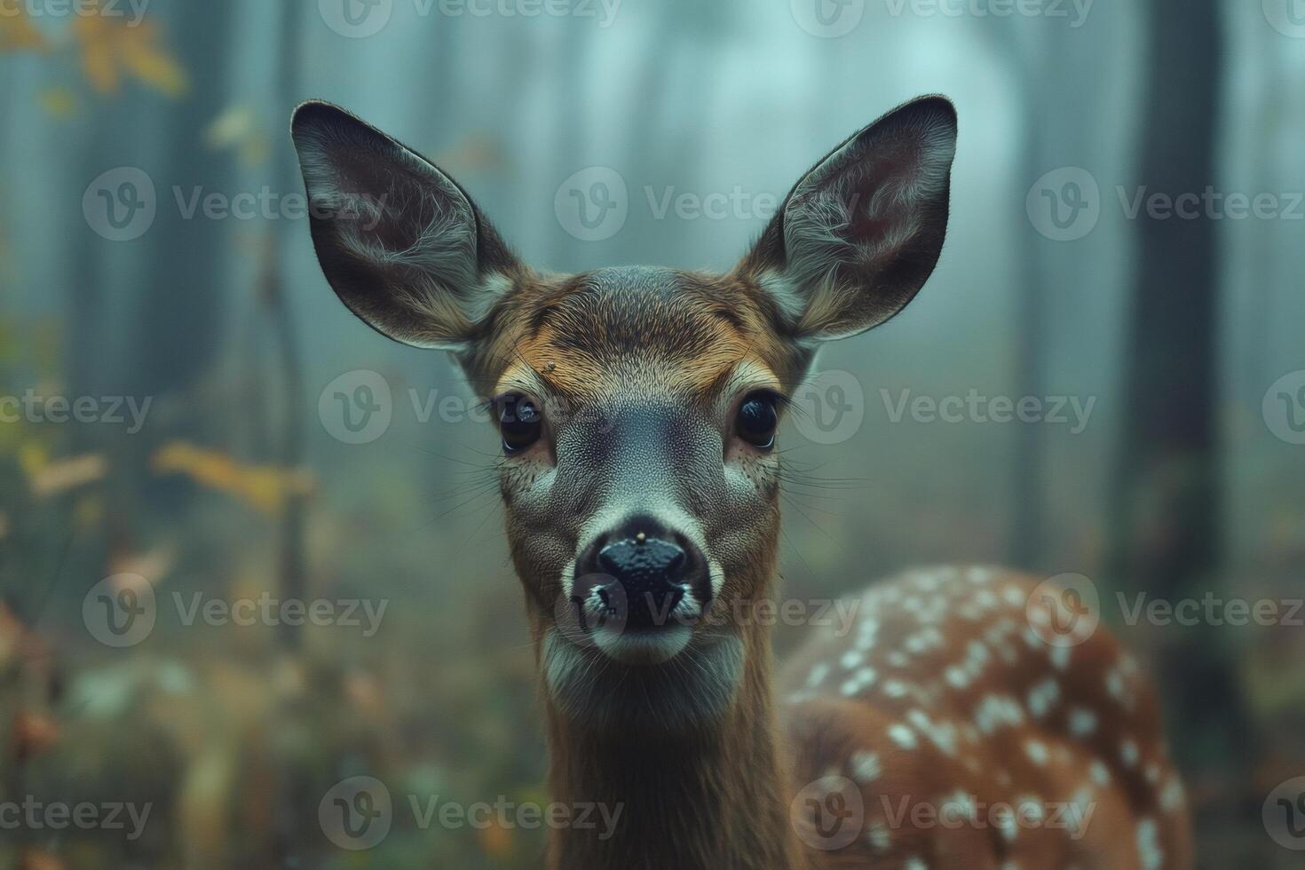 White-tailed deer fawn looking at camera in foggy forest photo