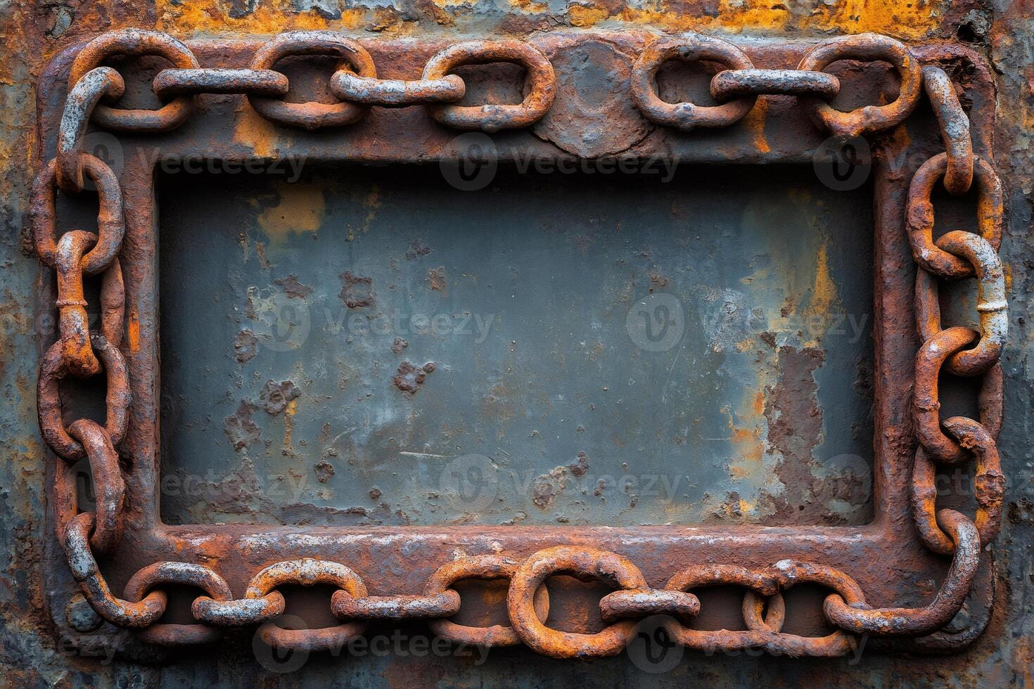 Rusty chain framing a corroded metal surface with copy space photo