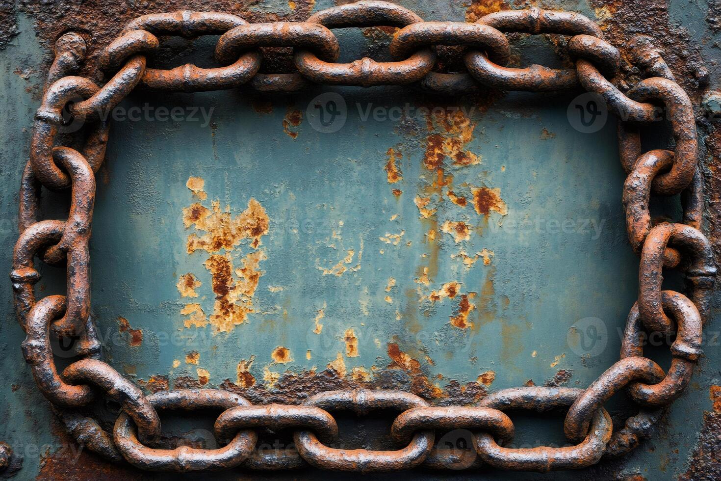 Rusty chain framing weathered metal surface background photo