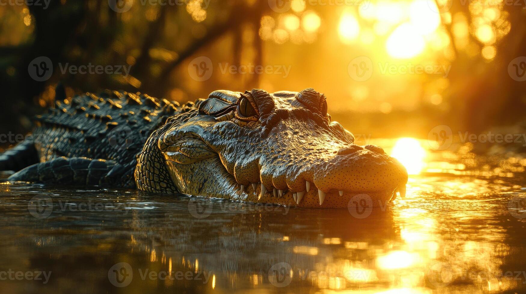 Alligator resting in golden sunset light in the everglades national park photo