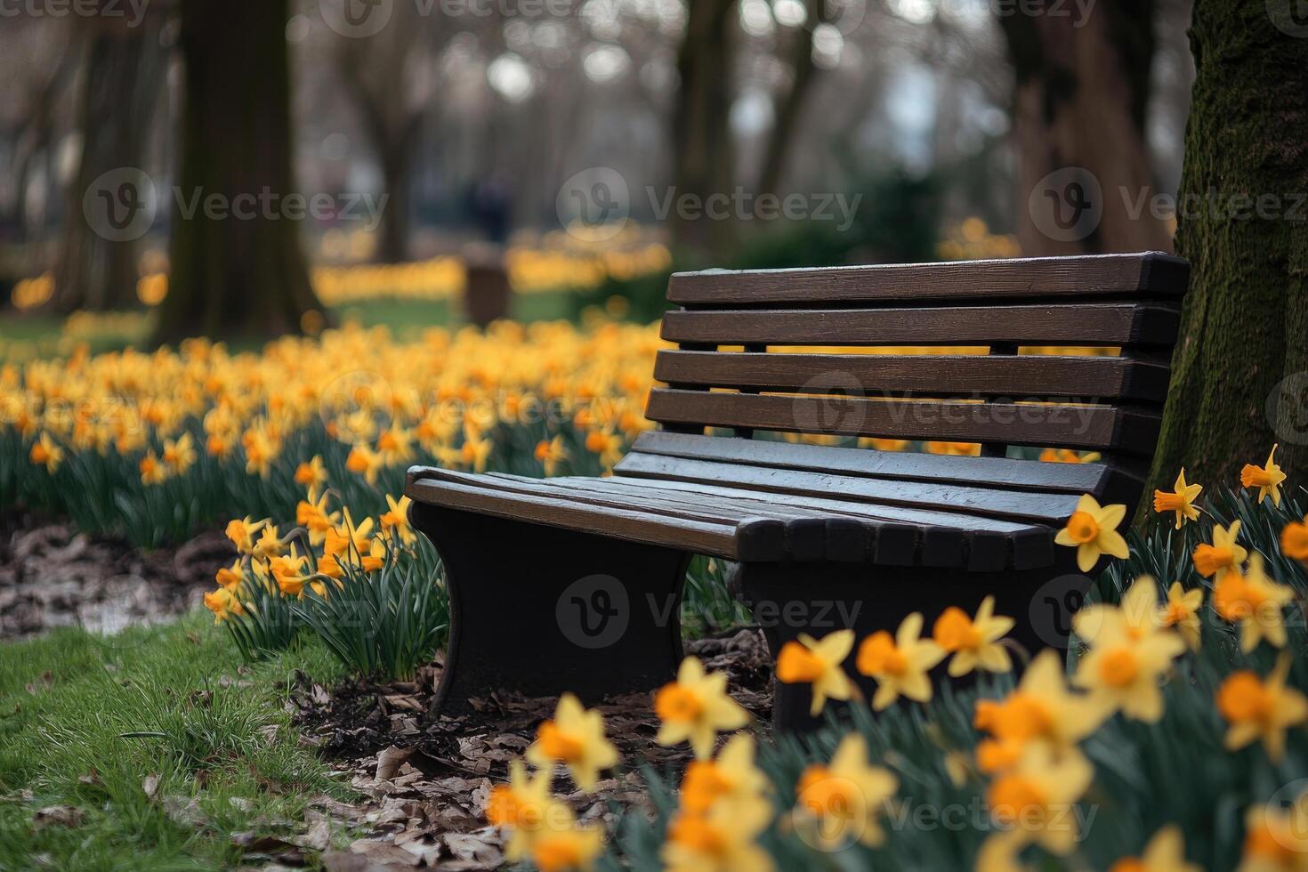 Empty bench surrounded by vibrant yellow daffodils in spring park photo