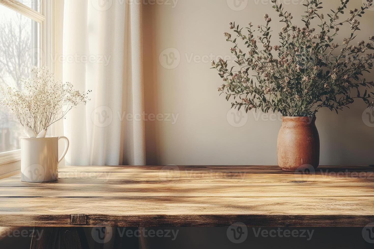Sunlight illuminating wooden table with flower vases near window with white curtain photo