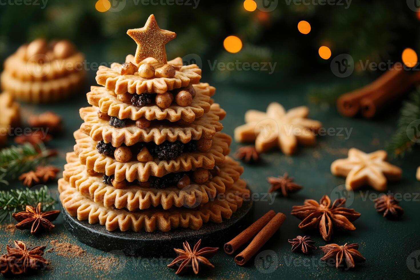 Christmas tree shaped cookies decorating a festive table with cinnamon and star anise photo
