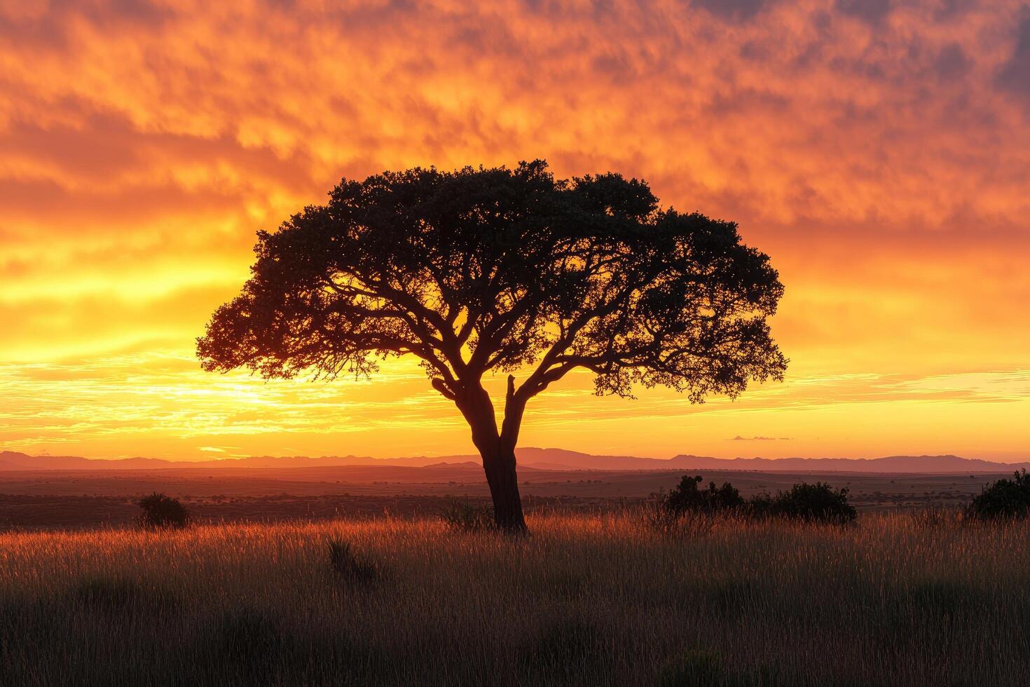 Lonely tree standing in a field at golden sunset in the african savanna photo