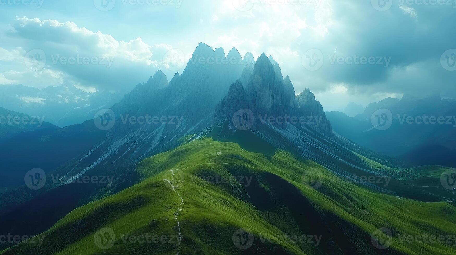 Hiking trail leading to majestic seceda mountain in the italian dolomites photo