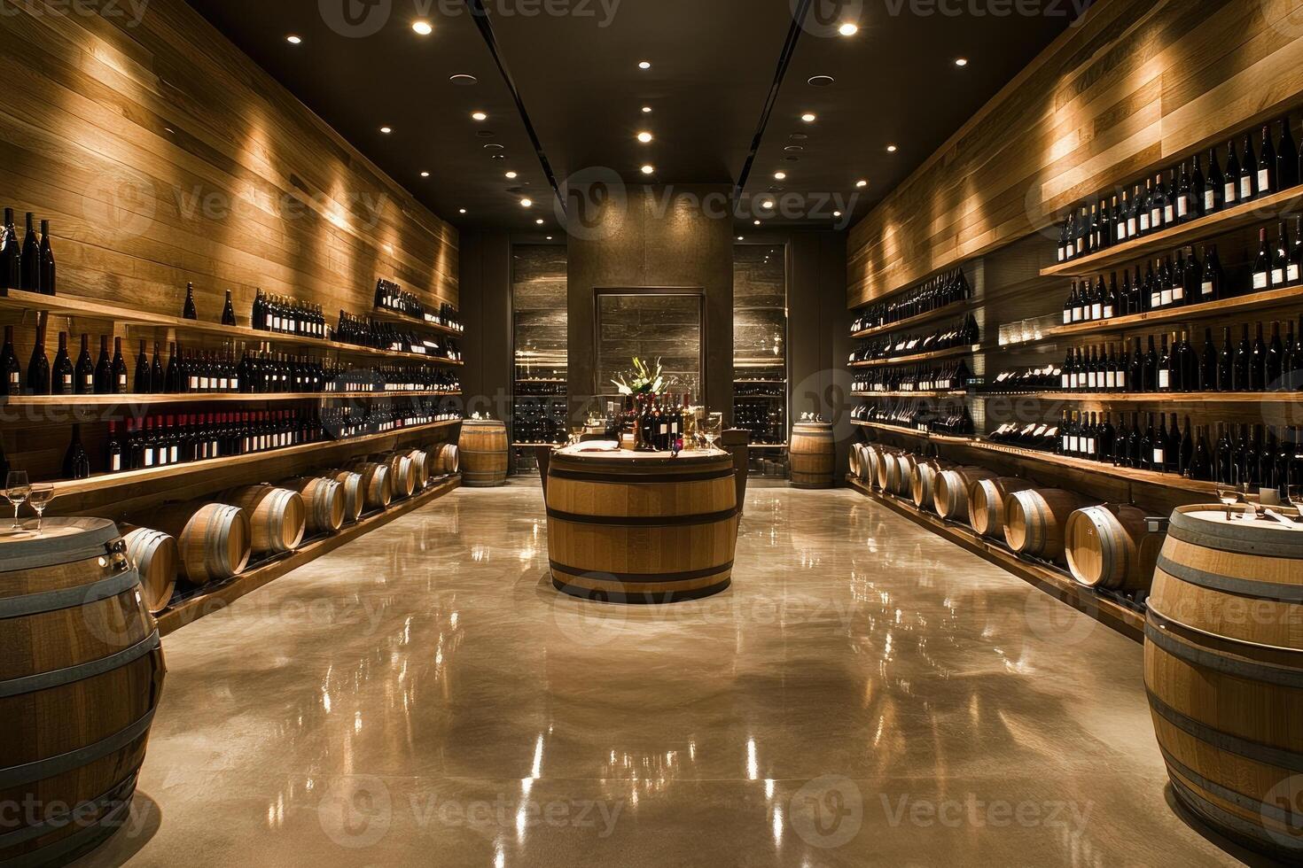 Large modern wine cellar displaying wine bottles and barrels photo