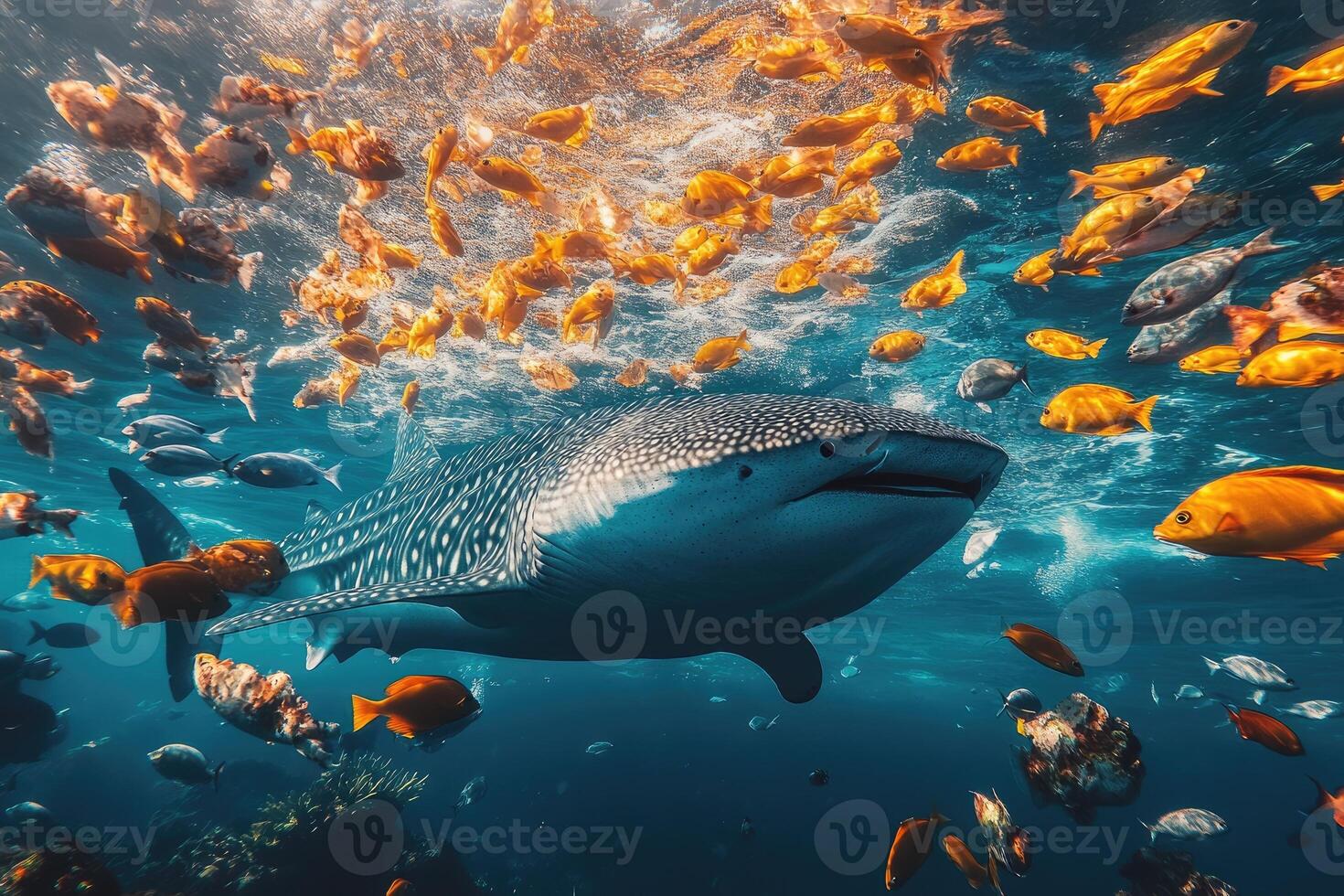 Whale shark swimming underwater with school of fish photo