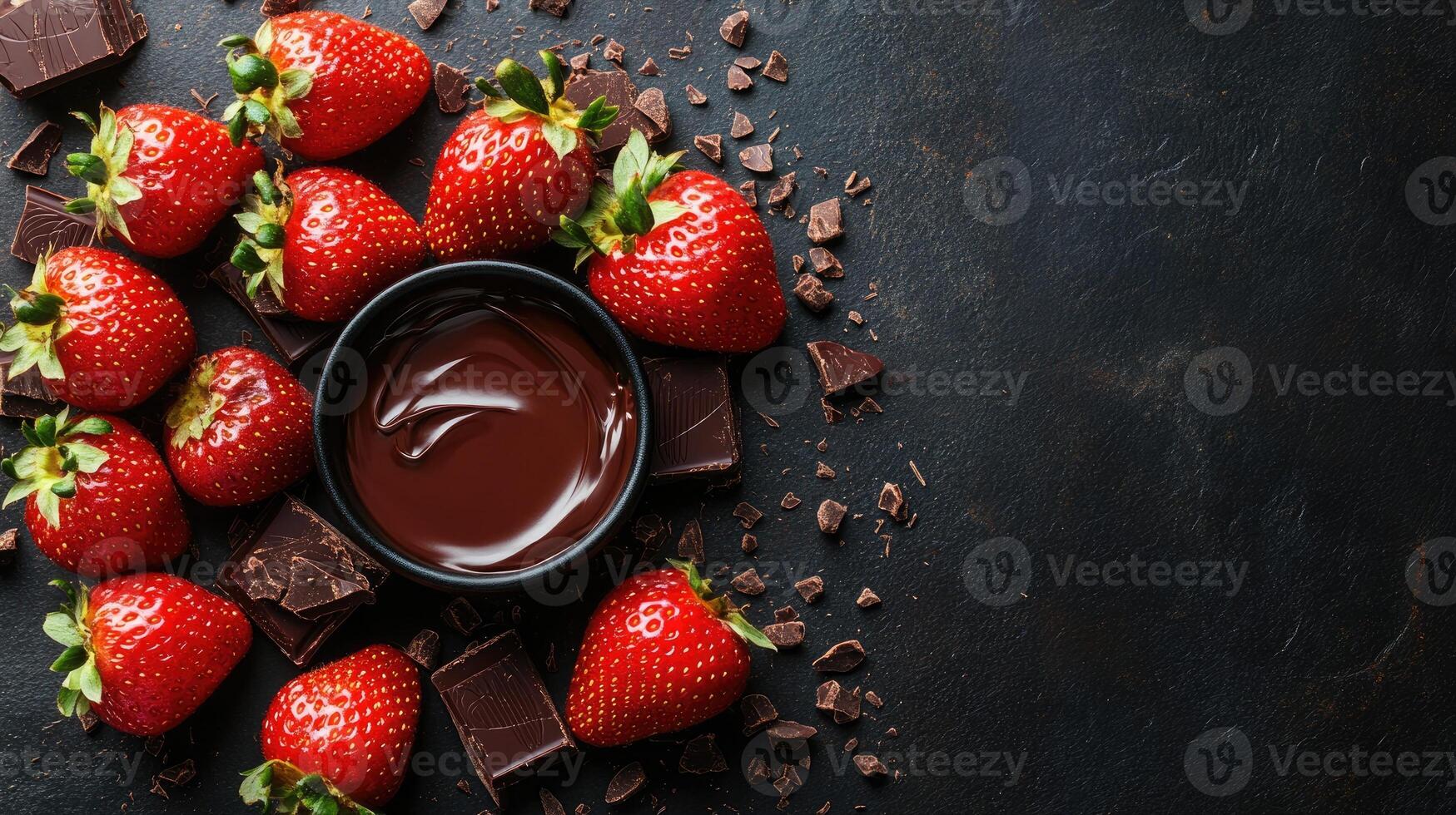 Delicious strawberries and melted chocolate on dark background creating a sweet temptation photo