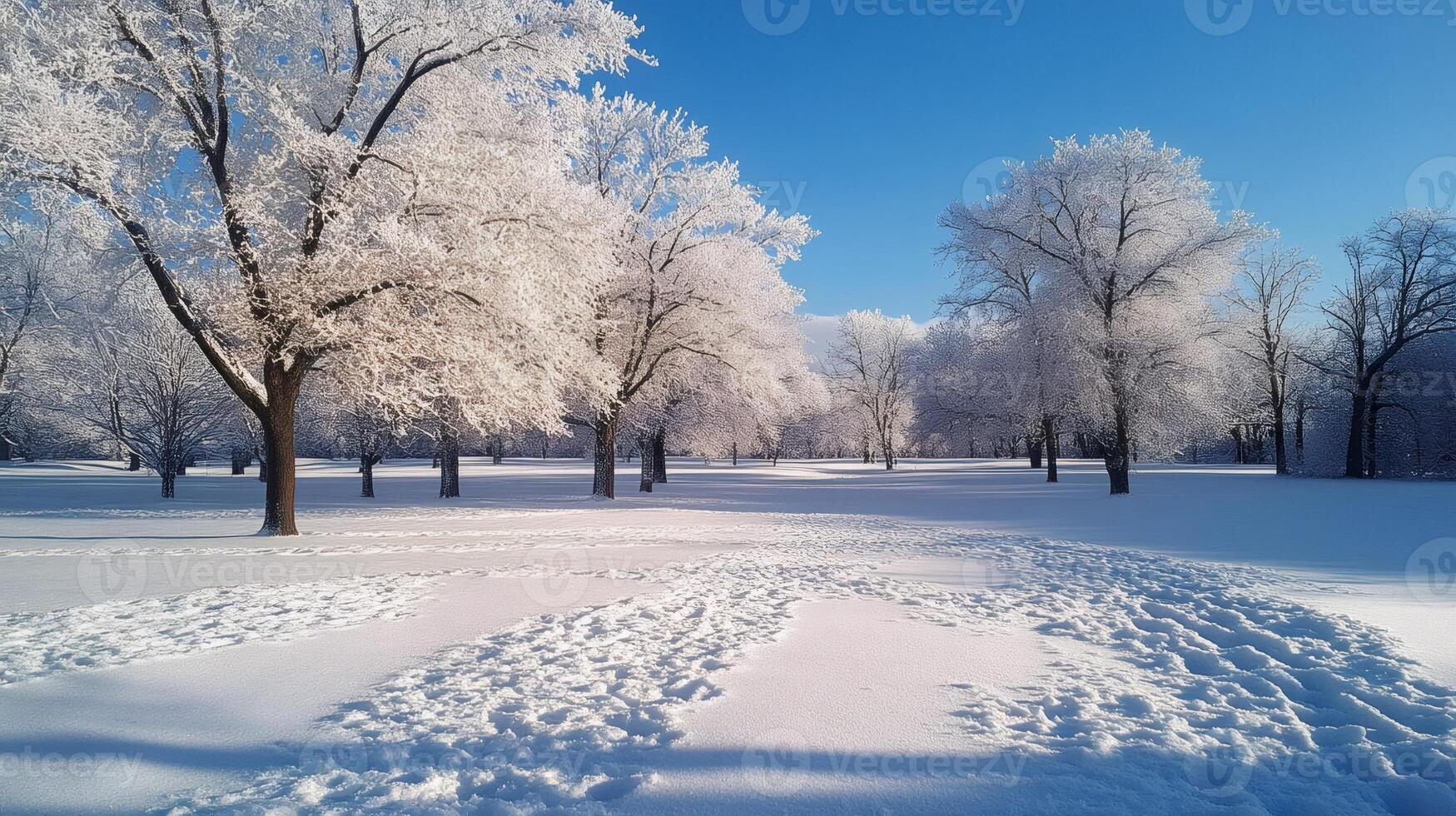 Footprints covering snow in park with frost covered trees photo