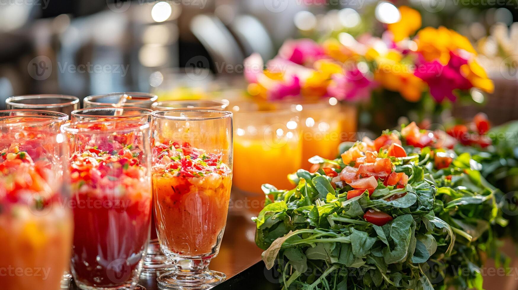 Colorful gazpacho and salad displaying on a table at a catering event photo