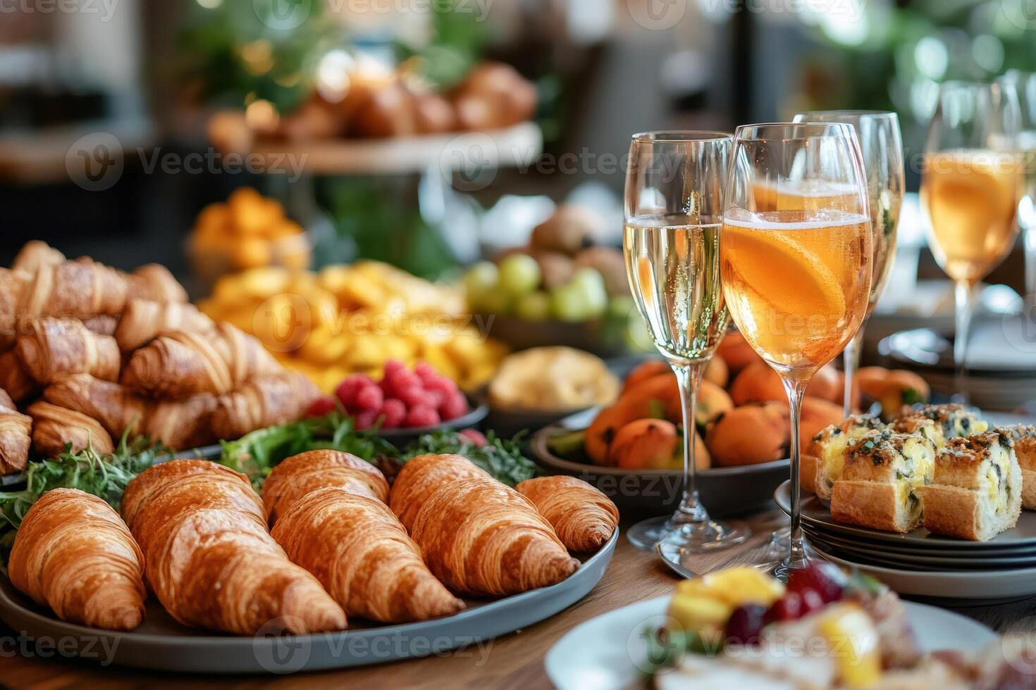 Delicious croissants, fruits and sparkling wine celebrating a festive brunch photo