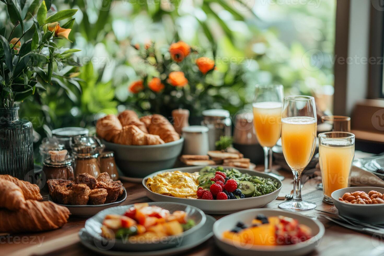 Delicious breakfast spread with croissants, fruit, and juice on wooden table photo