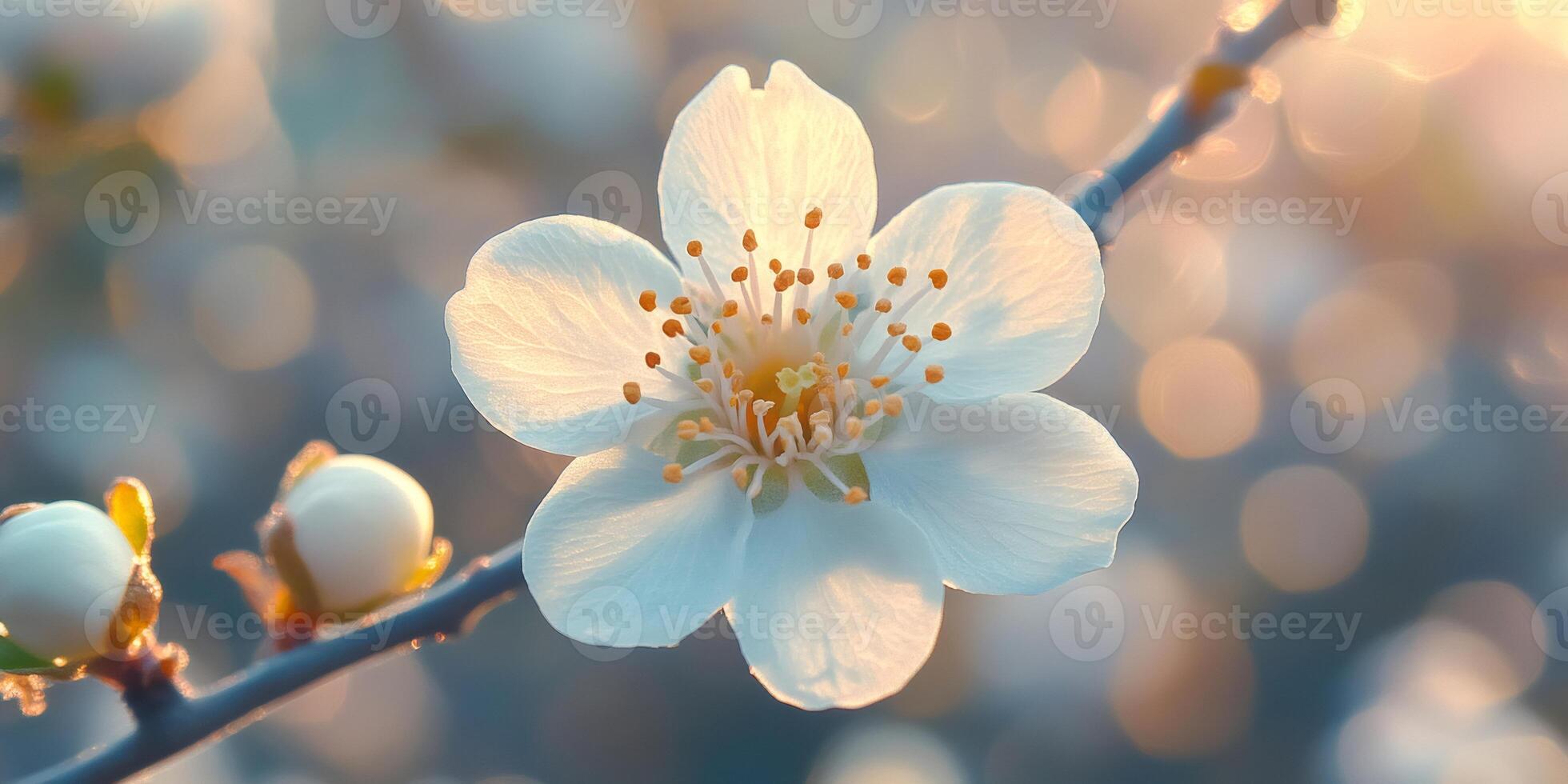 White spring blossom blooming during golden hour close-up of delicate flower photo