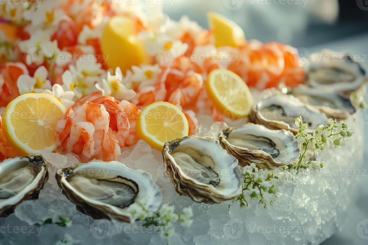 Fresh oysters and shrimps lying on ice with lemon slices and flowers for catering photo