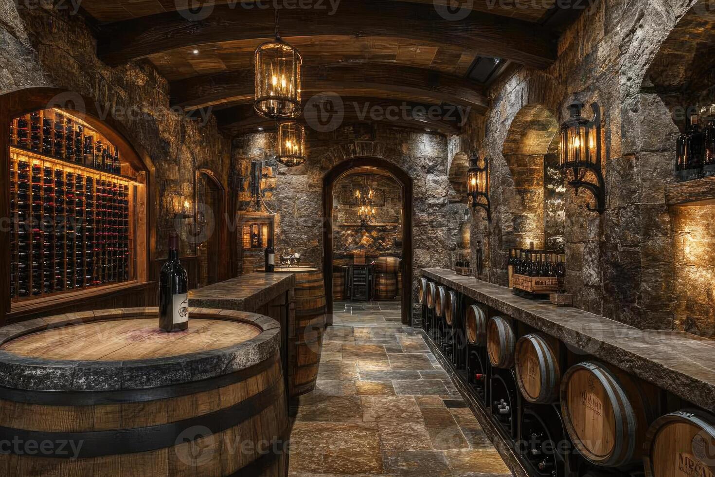 Wine cellar displaying wooden barrels and wine bottles in a rustic ambiance photo