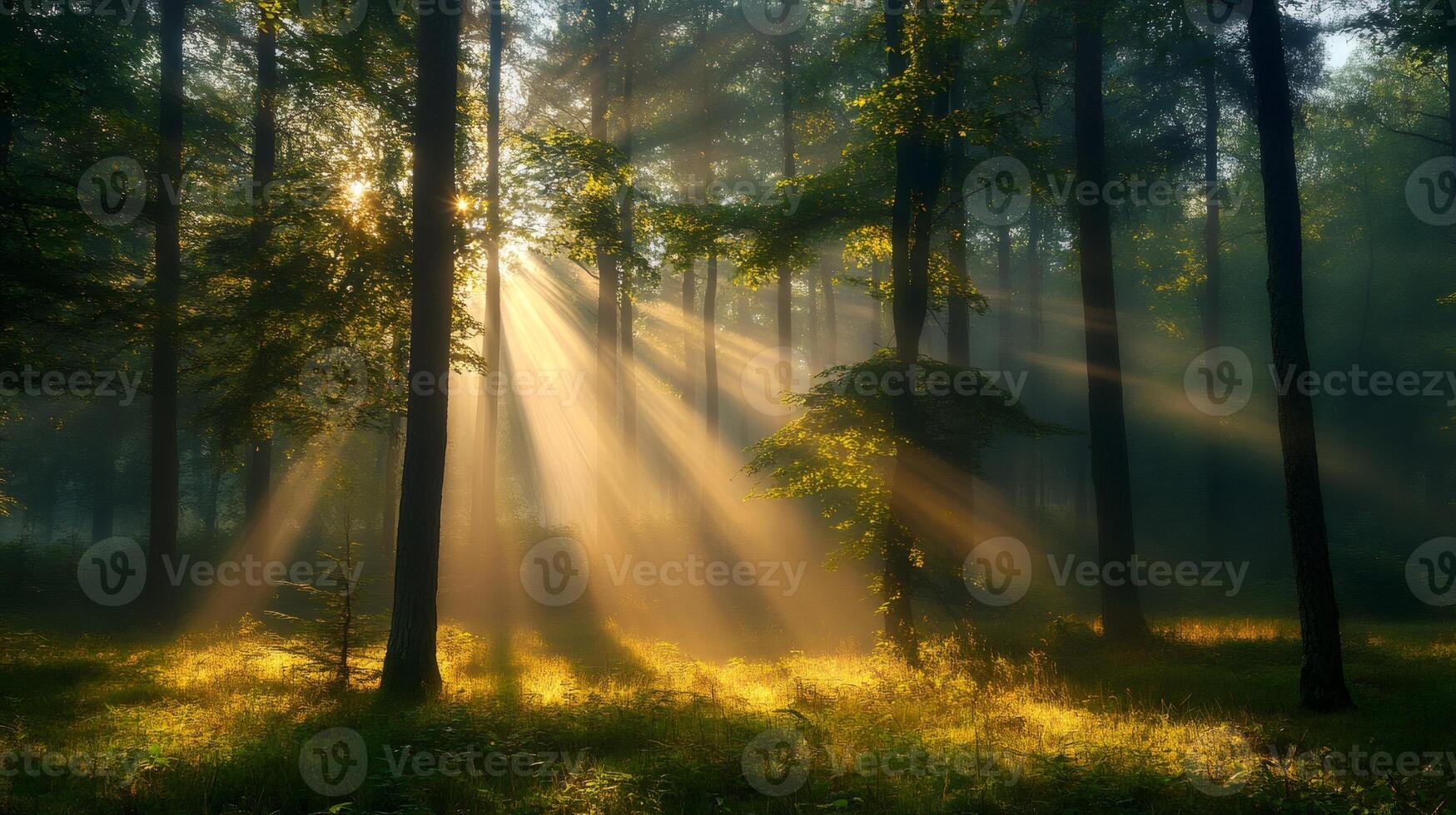 Morning sunlight shining through trees in misty forest photo